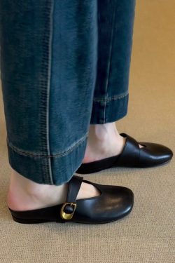 French Vintage Sheepskin Half Slippers for Women - Versatile Spring Flat Round-Toe Outdoor Slippers