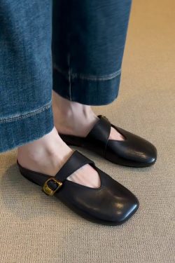 French Vintage Sheepskin Half Slippers for Women - Versatile Spring Flat Round-Toe Outdoor Slippers