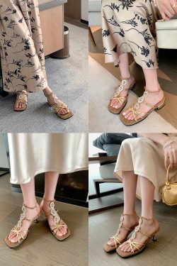 French Vintage Sheepskin High-Heeled Roman Sandals for Women - Summer Rhinestone One-Strap Genuine Leather Square-Toe Design