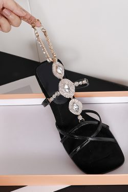 French Vintage Sheepskin High-Heeled Roman Sandals for Women - Summer Rhinestone One-Strap Genuine Leather Square-Toe Design