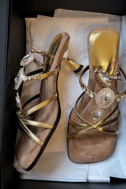 French Vintage Sheepskin High-Heeled Roman Sandals for Women - Summer Rhinestone One-Strap Genuine Leather Square-Toe Design