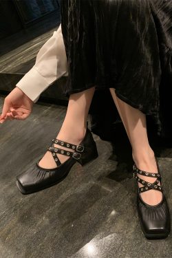 French Vintage Sheepskin Square-Toe Ballet Shoes for Women, Chunky Heels Cross-Strap Mary Janes, Genuine Leather Flats