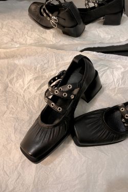 French Vintage Sheepskin Square-Toe Ballet Shoes for Women, Chunky Heels Cross-Strap Mary Janes, Genuine Leather Flats