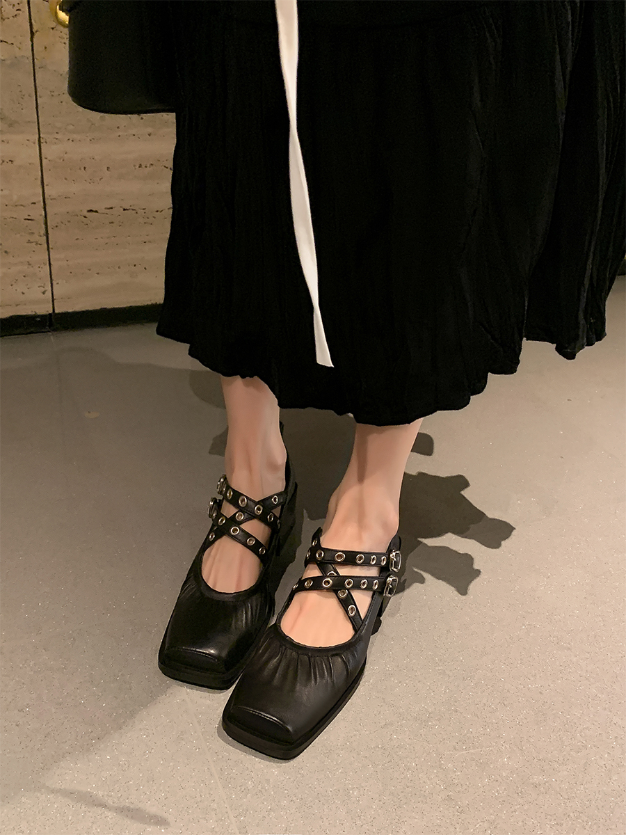 French Vintage Sheepskin Square-Toe Ballet Shoes for Women, Chunky Heels Cross-Strap Mary Janes, Genuine Leather Flats French Vintage Sheepskin Square-Toe Ballet Shoes for Women, Chunky Heels Cross-Strap Mary Janes, Genuine Leather Flats