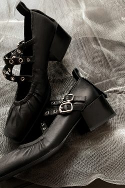 French Vintage Sheepskin Square-Toe Ballet Shoes for Women, Chunky Heels Cross-Strap Mary Janes, Genuine Leather Flats