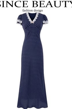 French Vintage V-Neck Polka Dot Long Vacation Dress for Women - 2025 Summer Style, Perfect for 90s Inspired Looks
