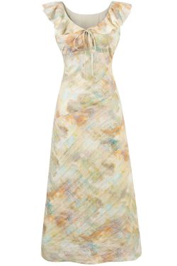 French Vintage V-Neck Ruffled Gradient Printed Dress for Women - Summer 2025 Long Skirt, Boho Chic Style