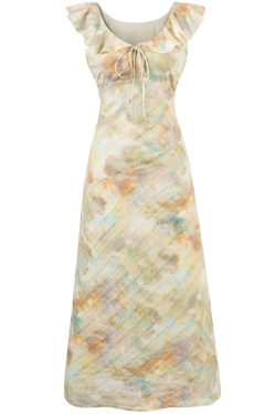 French Vintage V-Neck Ruffled Gradient Printed Dress for Women - Summer 2025 Long Skirt, Boho Chic Style