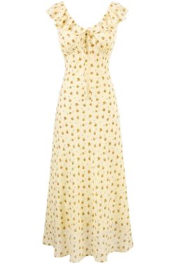 French Vintage Yellow Floral Long Dress for Women - 2025 Summer Tea Break Vacation Style