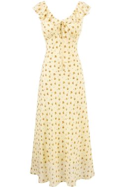 French Vintage Yellow Floral Long Dress for Women - 2025 Summer Tea Break Vacation Style