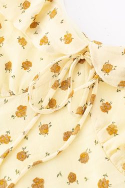 French Vintage Yellow Floral Long Dress for Women - 2025 Summer Tea Break Vacation Style