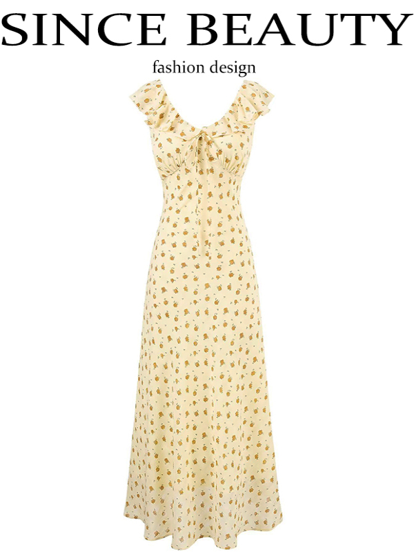 French Vintage Yellow Floral Long Dress for Women - 2025 Summer Tea Break Vacation Style French Vintage Yellow Floral Long Dress for Women - 2025 Summer Tea Break Vacation Style