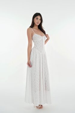 French White Lace Stretch Jacquard Cami Long Dress Set - Elegant Layered Look, Perfect for 90s and Y2K Fashion Lovers
