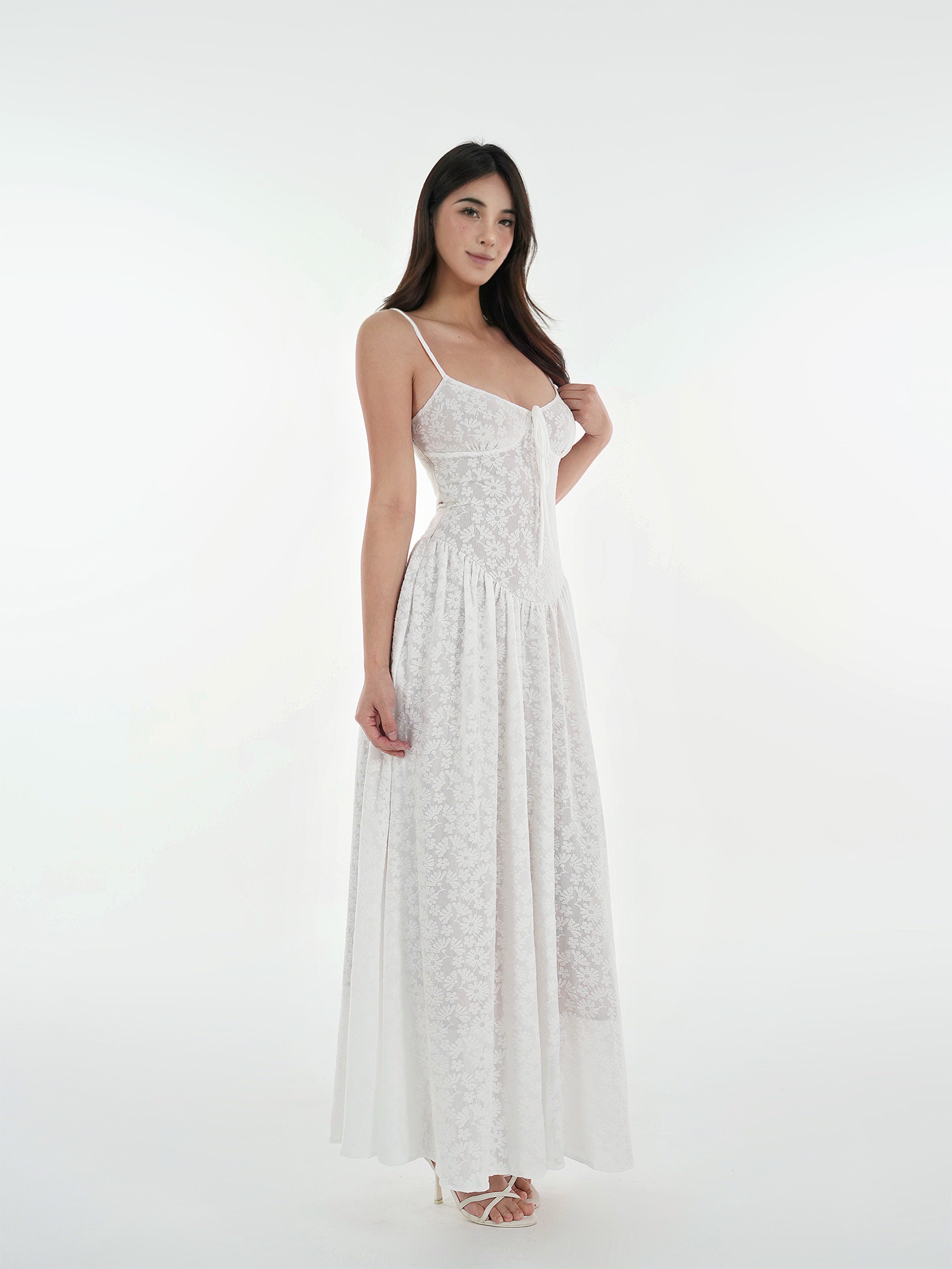 French White Lace Stretch Jacquard Cami Long Dress Set - Elegant Layered Look, Perfect for 90s and Y2K Fashion Lovers French White Lace Stretch Jacquard Cami Long Dress Set - Elegant Layered Look, Perfect for 90s and Y2K Fashion Lovers