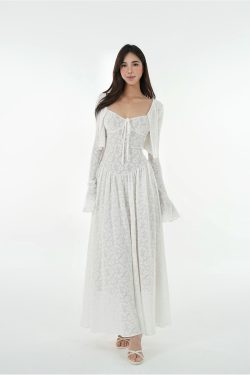 French White Lace Stretch Jacquard Cami Long Dress Set - Elegant Layered Look, Perfect for 90s and Y2K Fashion Lovers