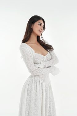 French White Lace Stretch Jacquard Cami Long Dress Set - Elegant Layered Look, Perfect for 90s and Y2K Fashion Lovers