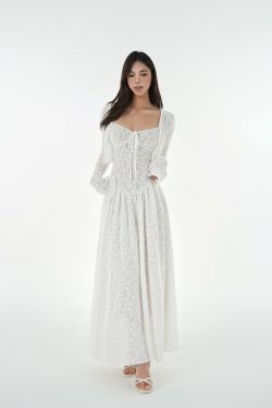 French White Lace Stretch Jacquard Cami Long Dress Set - Elegant Layered Look, Perfect for 90s and Y2K Fashion Lovers