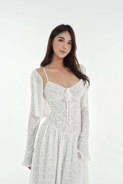 French White Lace Stretch Jacquard Cami Long Dress Set - Elegant Layered Look, Perfect for 90s and Y2K Fashion Lovers