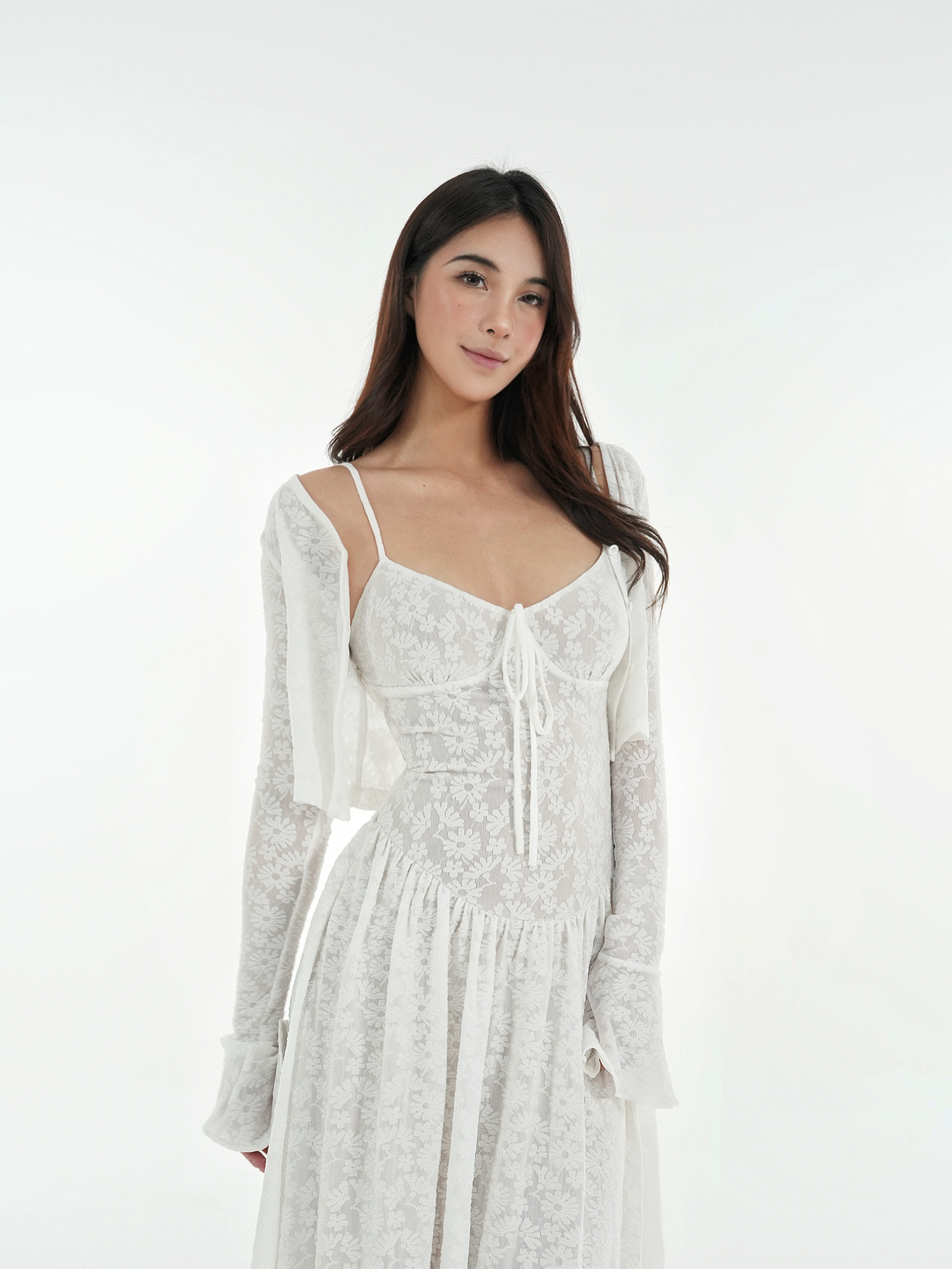 French White Lace Stretch Jacquard Cami Long Dress Set - Elegant Layered Look, Perfect for 90s and Y2K Fashion Lovers French White Lace Stretch Jacquard Cami Long Dress Set - Elegant Layered Look, Perfect for 90s and Y2K Fashion Lovers