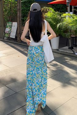 Fresh Floral Tie Low Waist Mid-Length Straight Skirt for Women - Beachy 90s Style Half Skirt