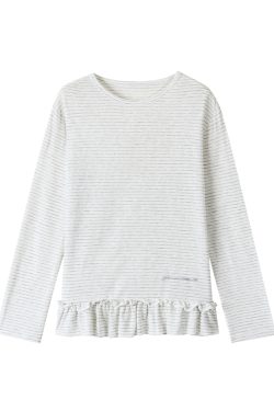 Freshwater Micro Long Lace Embroidered Sheer Striped Casual Layered Round Neck Loose Long Sleeve Top