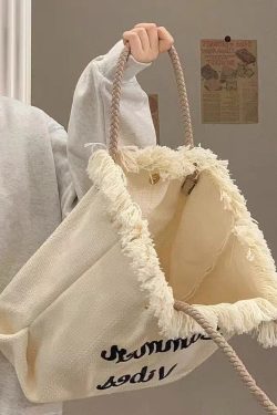 Fringe Woven Canvas Tote Bag for Women - Embroidered Letter Commuter Bag, Trendy Versatile Shoulder Bag 2023 Fashion