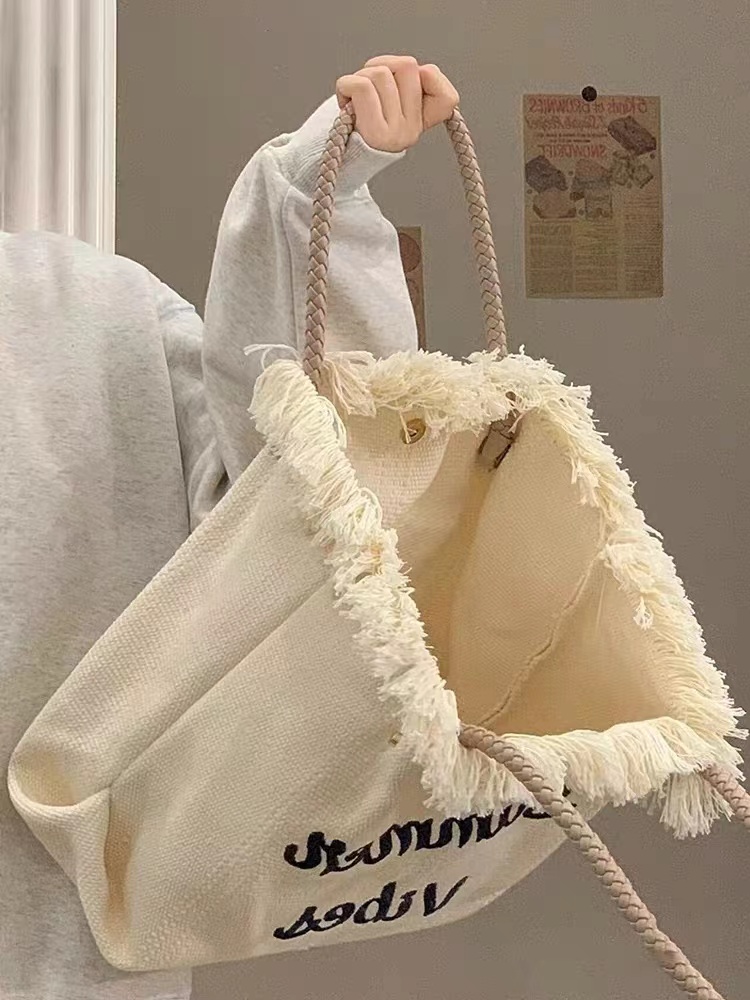 Fringe Woven Canvas Tote Bag for Women - Embroidered Letter Commuter Bag, Trendy Versatile Shoulder Bag 2023 Fashion Fringe Woven Canvas Tote Bag for Women - Embroidered Letter Commuter Bag, Trendy Versatile Shoulder Bag 2023 Fashion