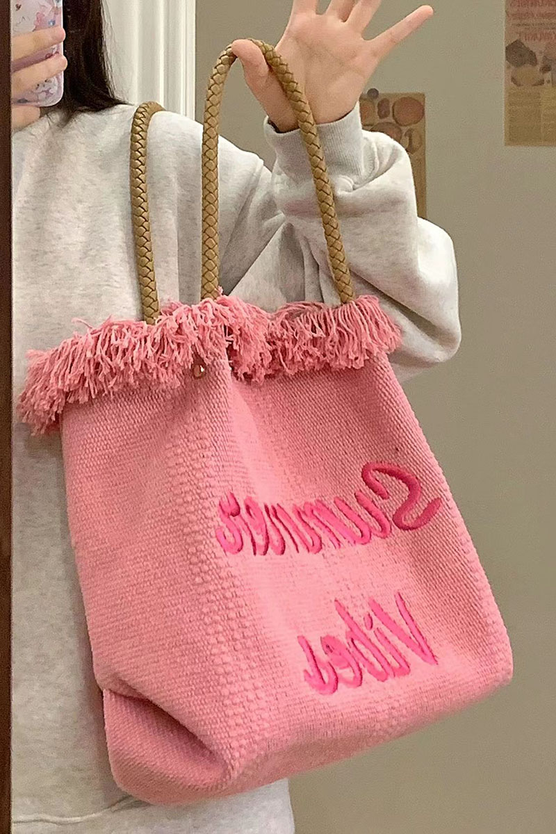 Fringe Woven Canvas Tote Bag for Women - Embroidered Letter Commuter Bag, Trendy Versatile Shoulder Bag 2023 Fashion