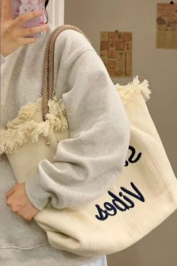 Fringe Woven Canvas Tote Bag for Women - Embroidered Letter Commuter Bag, Trendy Versatile Shoulder Bag 2023 Fashion