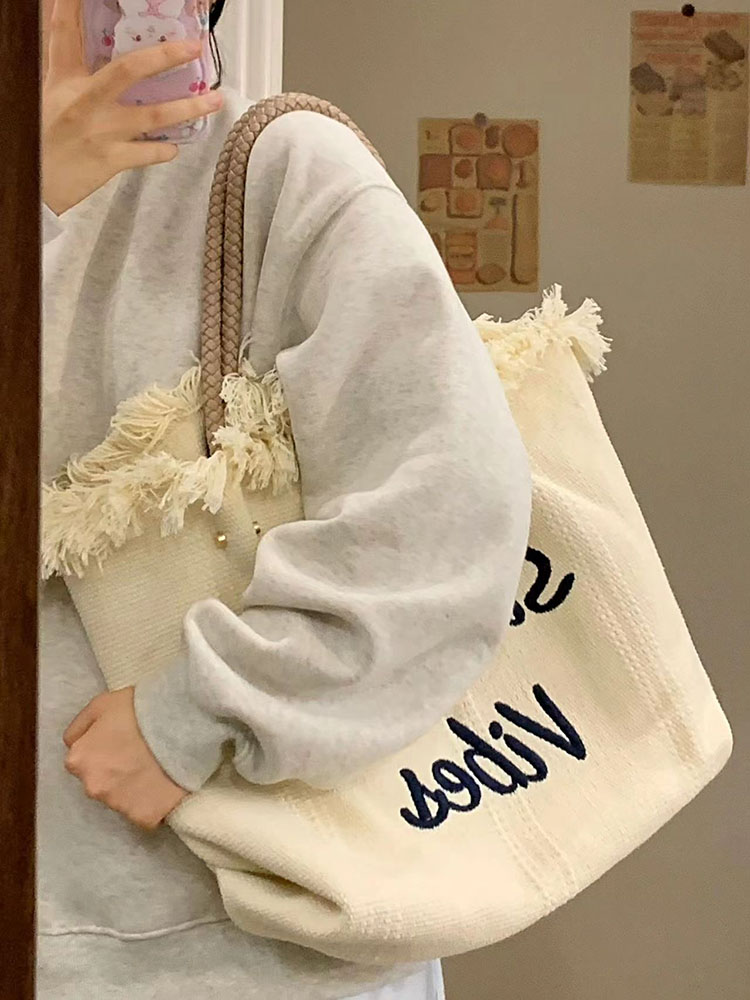 Fringe Woven Canvas Tote Bag for Women - Embroidered Letter Commuter Bag, Trendy Versatile Shoulder Bag 2023 Fashion Fringe Woven Canvas Tote Bag for Women - Embroidered Letter Commuter Bag, Trendy Versatile Shoulder Bag 2023 Fashion