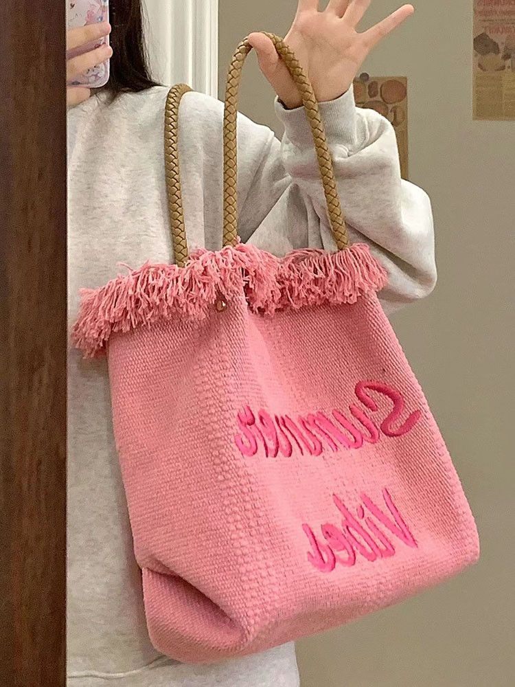 Fringe Woven Canvas Tote Bag for Women - Embroidered Letter Commuter Bag, Trendy Versatile Shoulder Bag 2023 Fashion Fringe Woven Canvas Tote Bag for Women - Embroidered Letter Commuter Bag, Trendy Versatile Shoulder Bag 2023 Fashion