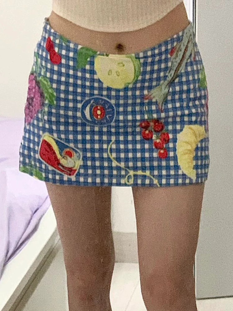 Fruit Picnic Dopamine Girl Plaid Mini Skirt for Women - Summer Low Waist Bodycon Style Fruit Picnic Dopamine Girl Plaid Mini Skirt for Women - Summer Low Waist Bodycon Style