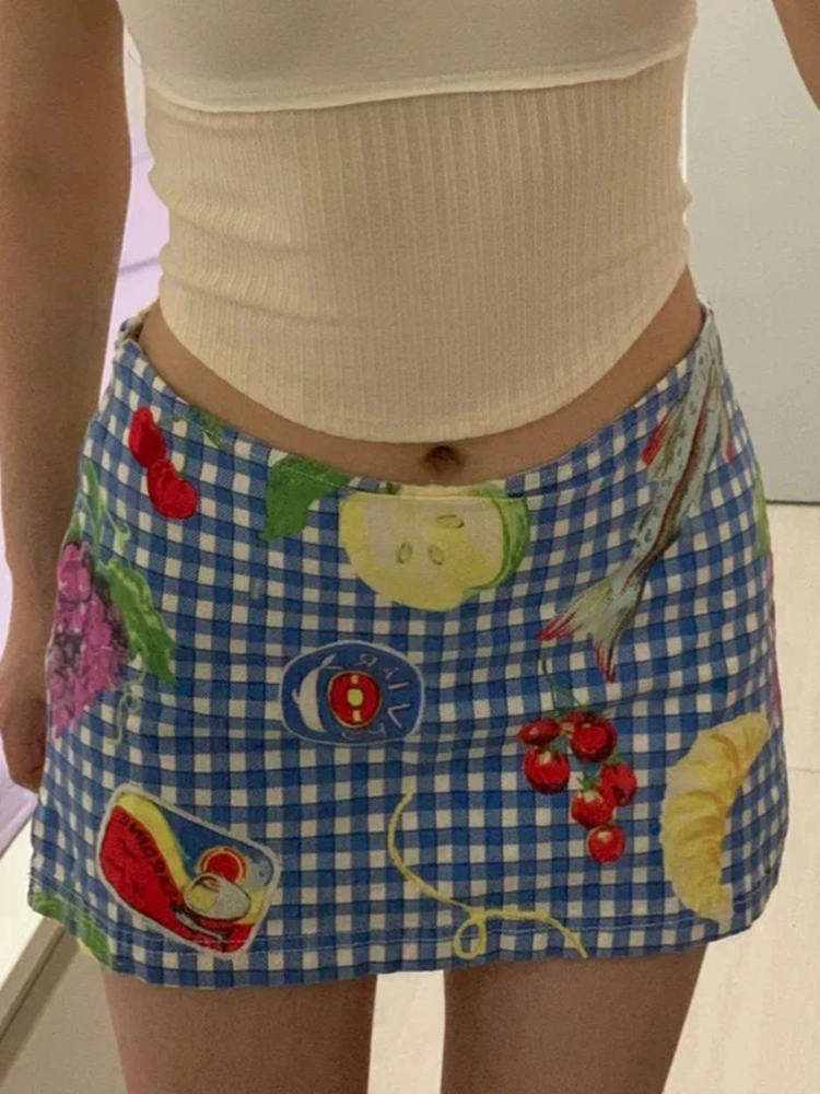 Fruit Picnic Dopamine Girl Plaid Mini Skirt for Women - Summer Low Waist Bodycon Style Fruit Picnic Dopamine Girl Plaid Mini Skirt for Women - Summer Low Waist Bodycon Style