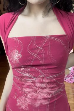 Fuchsia Floral Print Fake Two-Piece T-Shirt for Women, Retro Summer Top with Waist-Cinching Design and Shoulder Bag, Y2K Style