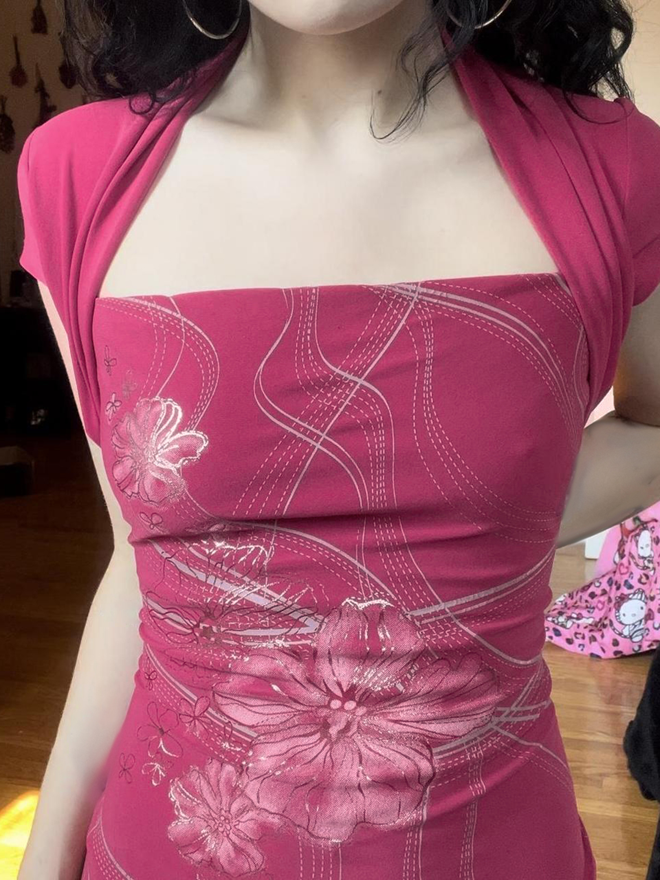 Fuchsia Floral Print Fake Two-Piece T-Shirt for Women, Retro Summer Top with Waist-Cinching Design and Shoulder Bag, Y2K Style Fuchsia Floral Print Fake Two-Piece T-Shirt for Women, Retro Summer Top with Waist-Cinching Design and Shoulder Bag, Y2K Style