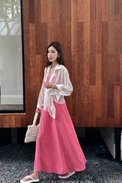 Fuchsia Waist-Defining Fitted Vest Dress with Flared Skirt for Tall Women | Light Cotton Summer Dress