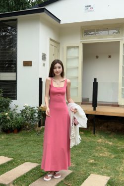 Fuchsia Waist-Defining Fitted Vest Dress with Flared Skirt for Tall Women | Light Cotton Summer Dress