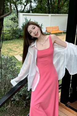 Fuchsia Waist-Defining Fitted Vest Dress with Flared Skirt for Tall Women | Light Cotton Summer Dress