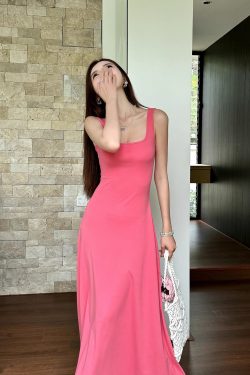 Fuchsia Waist-Defining Fitted Vest Dress with Flared Skirt for Tall Women | Light Cotton Summer Dress