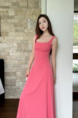 Fuchsia Waist-Defining Fitted Vest Dress with Flared Skirt for Tall Women | Light Cotton Summer Dress