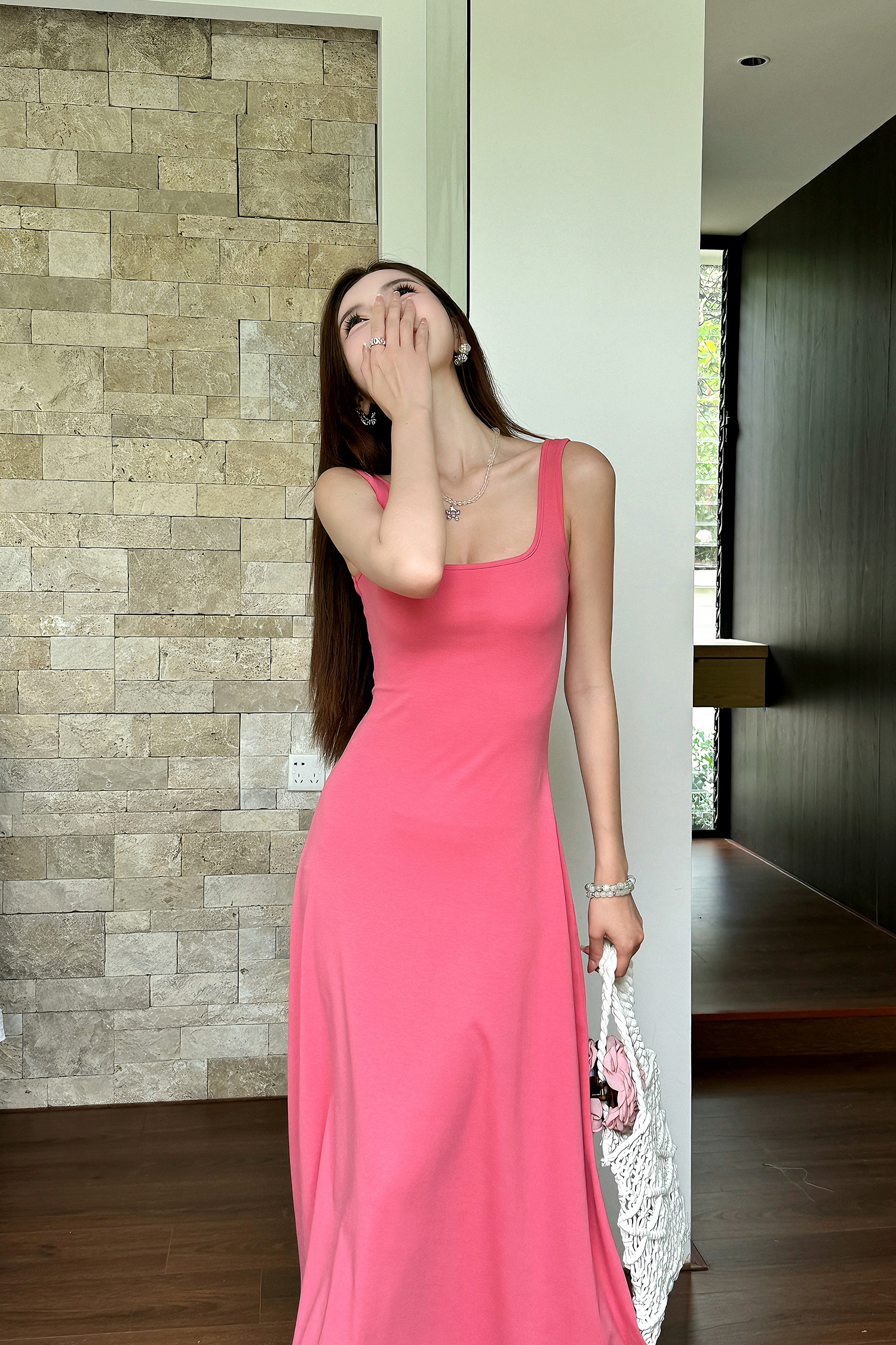 Fuchsia Waist-Defining Fitted Vest Dress with Flared Skirt for Tall Women | Light Cotton Summer Dress