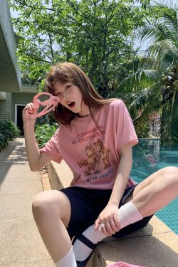 Fun Bear Print Loose Short Sleeve T-shirt for Women - Summer 2025 Pure Cotton Round Neck Top, Casual 90s Style
