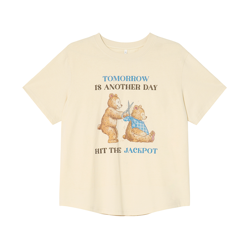 Fun Bear Print Loose Short Sleeve T-shirt for Women - Summer 2025 Pure Cotton Round Neck Top, Casual 90s Style Fun Bear Print Loose Short Sleeve T-shirt for Women - Summer 2025 Pure Cotton Round Neck Top, Casual 90s Style