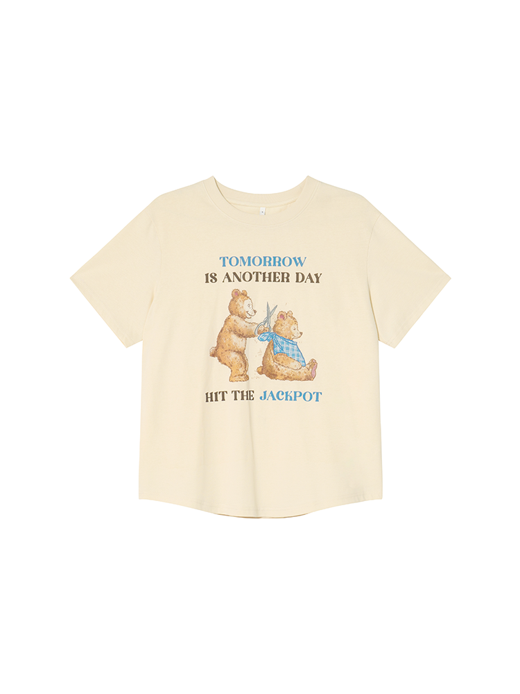 Fun Bear Print Loose Short Sleeve T-shirt for Women - Summer 2025 Pure Cotton Round Neck Top, Casual 90s Style Fun Bear Print Loose Short Sleeve T-shirt for Women - Summer 2025 Pure Cotton Round Neck Top, Casual 90s Style