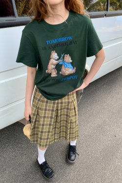 Fun Bear Print Loose Short Sleeve T-shirt for Women - Summer 2025 Pure Cotton Round Neck Top, Casual 90s Style