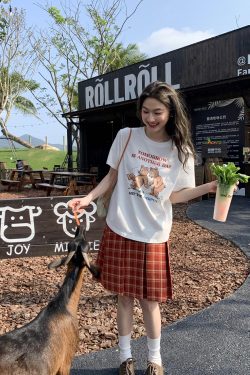 Fun Bear Print Loose Short Sleeve T-shirt for Women - Summer 2025 Pure Cotton Round Neck Top, Casual 90s Style