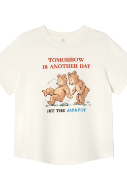 Fun Bear Print Loose Short Sleeve T-shirt for Women - Summer 2025 Pure Cotton Round Neck Top, Casual 90s Style