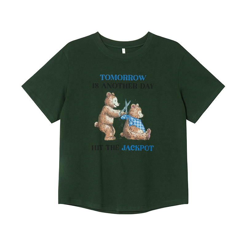 Fun Bear Print Loose Short Sleeve T-shirt for Women - Summer 2025 Pure Cotton Round Neck Top, Casual 90s Style Fun Bear Print Loose Short Sleeve T-shirt for Women - Summer 2025 Pure Cotton Round Neck Top, Casual 90s Style