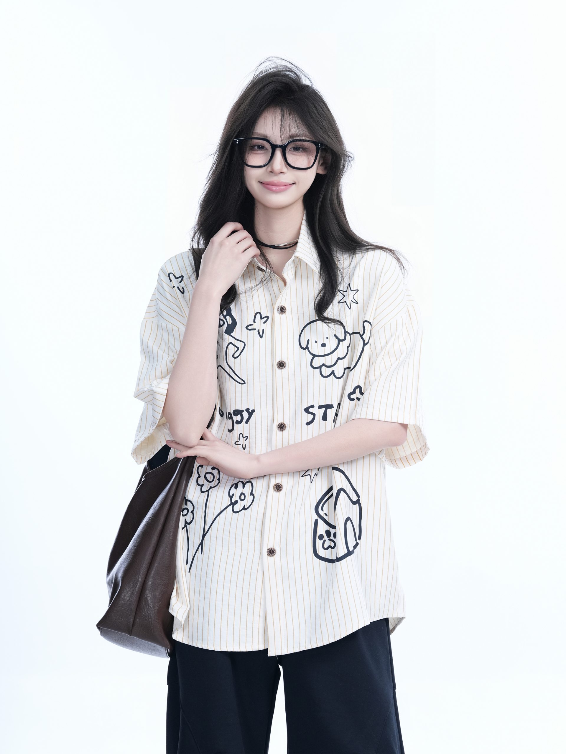 Fun Cartoon Doodle Dog Vertical Striped Short-Sleeve Shirt for Women, Loose Fit Trendy Top, Casual 90s Style Fun Cartoon Doodle Dog Vertical Striped Short-Sleeve Shirt for Women, Loose Fit Trendy Top, Casual 90s Style