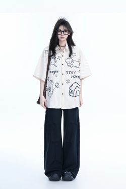 Fun Cartoon Doodle Dog Vertical Striped Short-Sleeve Shirt for Women, Loose Fit Trendy Top, Casual 90s Style